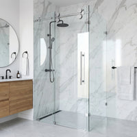 Winslow 34 in. L x 46 in. W x 74 in. H Frameless Sliding Rectangle Shower Enclosure and Satro 3-Piece Bath Hardware Set in Chrome