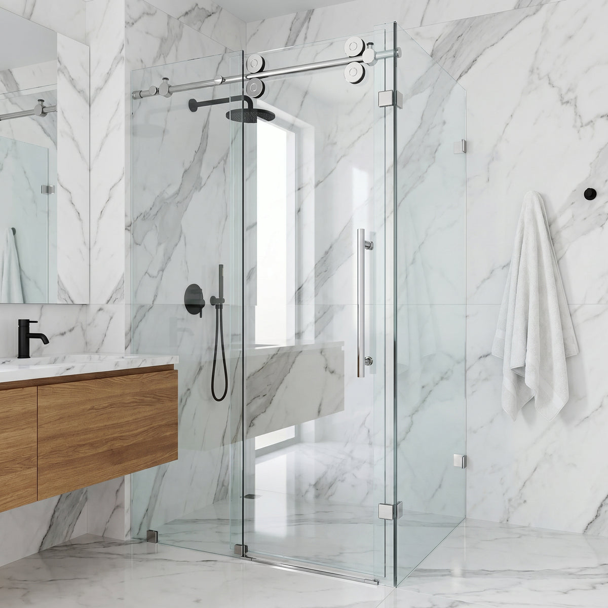 Winslow 34 in. L x 46 in. W x 74 in. H Frameless Sliding Rectangle Shower Enclosure and Satro 3-Piece Bath Hardware Set in Chrome