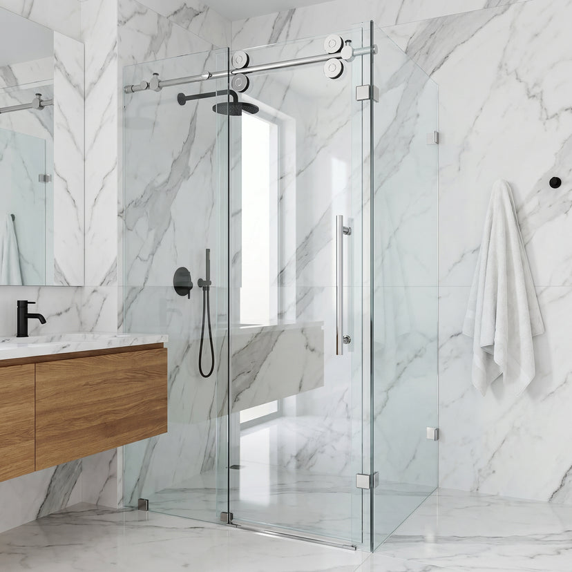 Winslow 34 in. L x 46 in. W x 74 in. H Frameless Sliding Rectangle Shower Enclosure and Satro 3-Piece Bath Hardware Set in Chrome
