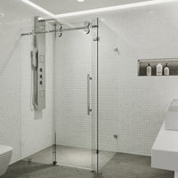 Winslow 34 in. L x 46 in. W x 74 in. H Frameless Sliding Rectangle Shower Enclosure and Satro 3-Piece Bath Hardware Set in Chrome