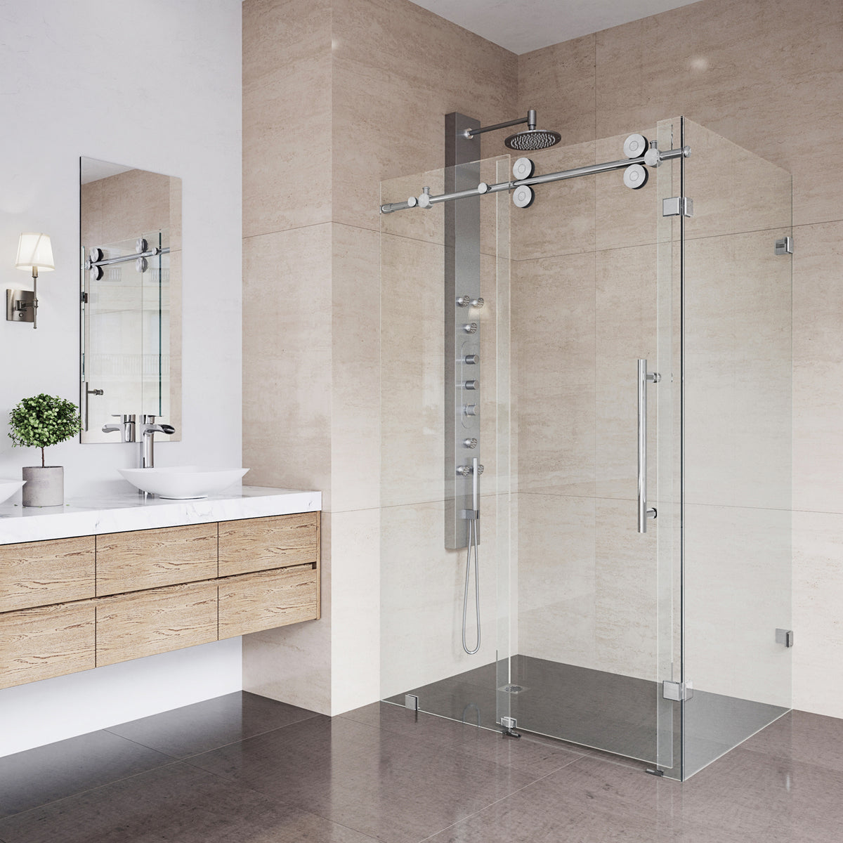 Winslow 34 in. L x 46 in. W x 74 in. H Frameless Sliding Rectangle Shower Enclosure and Satro 3-Piece Bath Hardware Set in Chrome