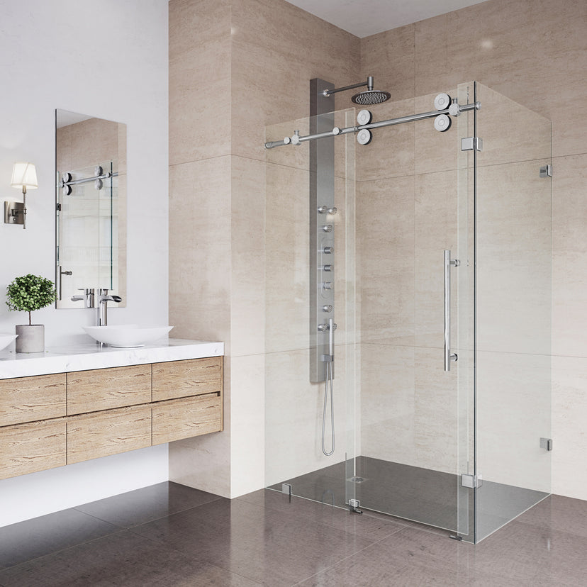 Winslow 34 in. L x 46 in. W x 74 in. H Frameless Sliding Rectangle Shower Enclosure and Satro 3-Piece Bath Hardware Set in Chrome