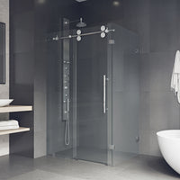 Winslow 34 in. L x 46 in. W x 74 in. H Frameless Sliding Rectangle Shower Enclosure and Satro 3-Piece Bath Hardware Set in Chrome