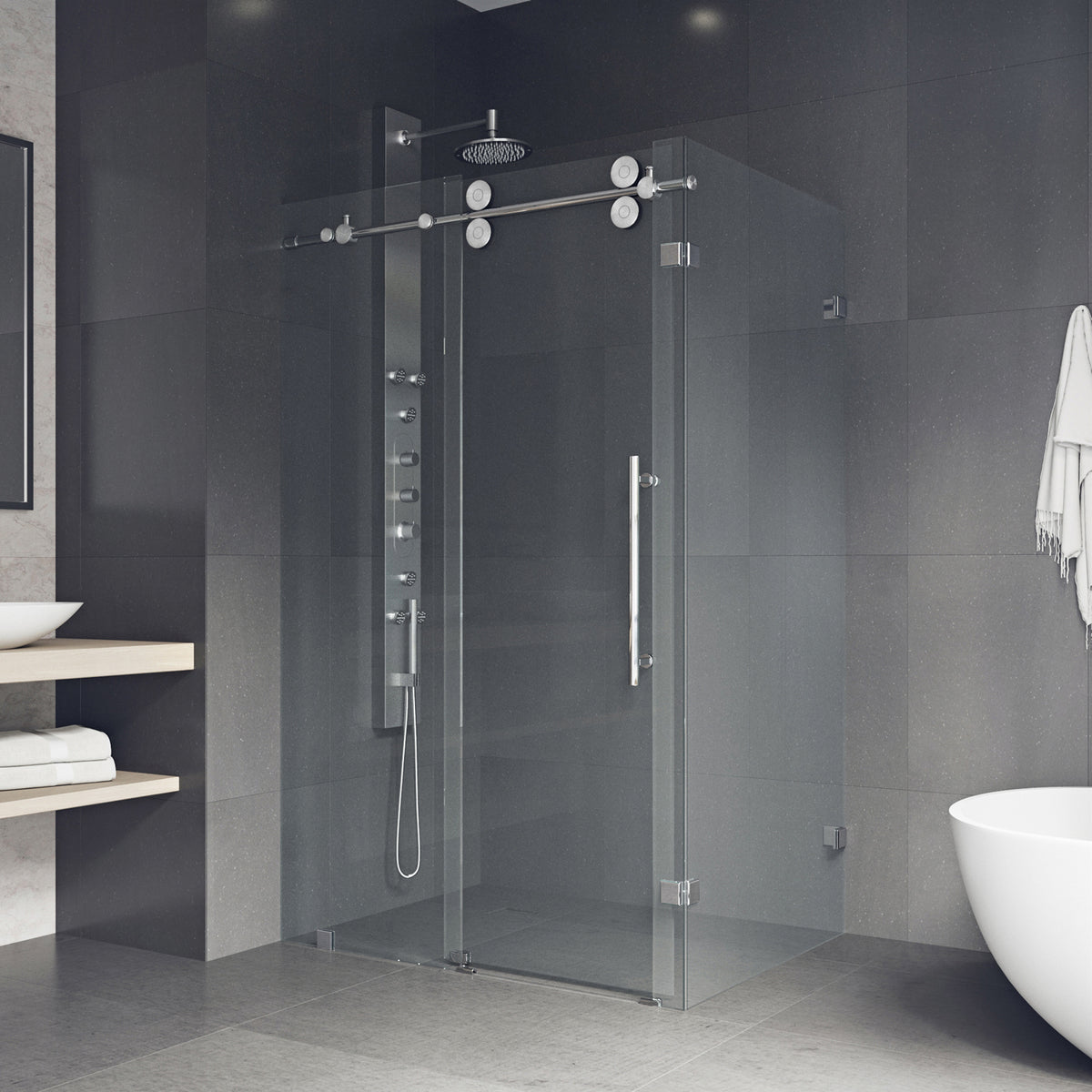 Winslow 34 in. L x 46 in. W x 74 in. H Frameless Sliding Rectangle Shower Enclosure and Satro 3-Piece Bath Hardware Set in Chrome