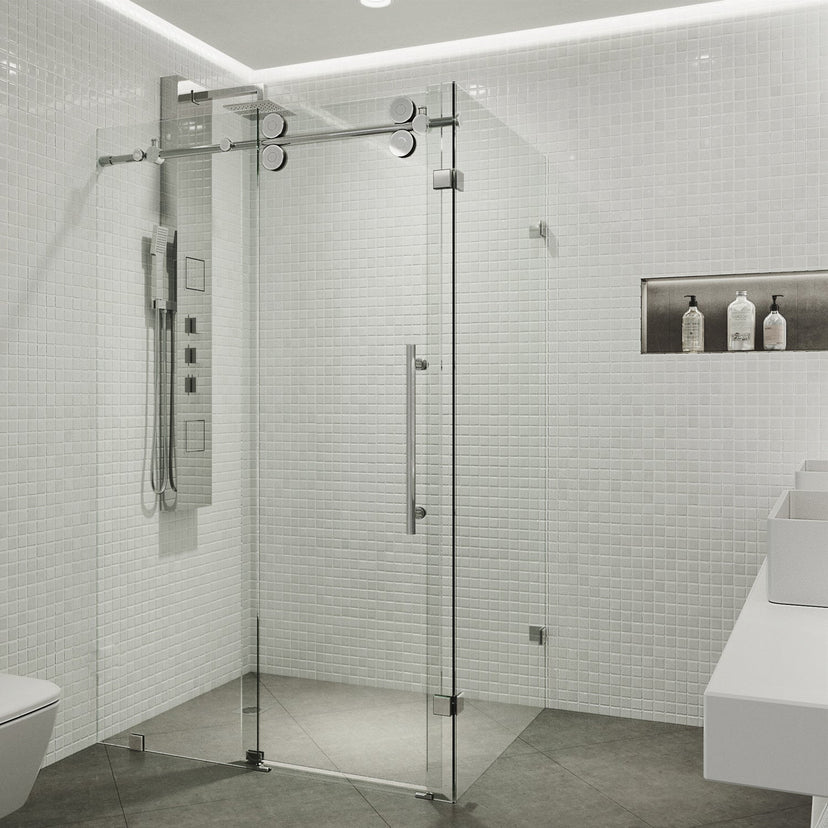 Modern shower enclosure with exposed rollers and cool touch exterior