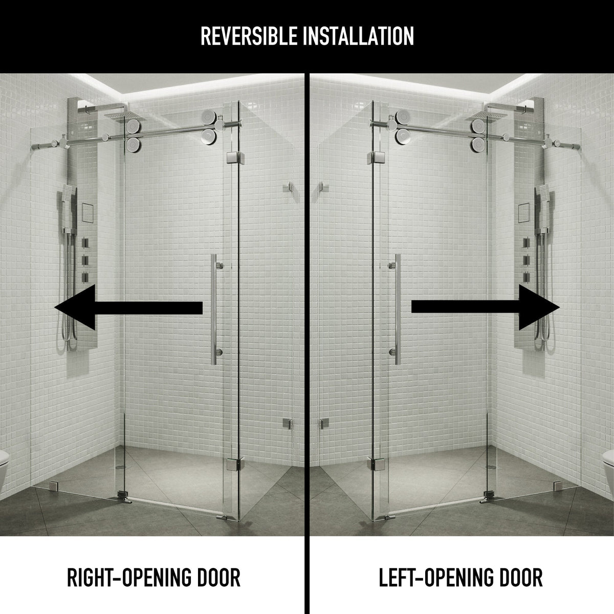 Chrome finish frameless shower door with left or right handle position
