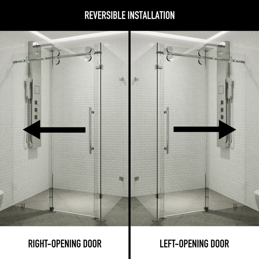 Chrome finish frameless shower door with left or right handle position