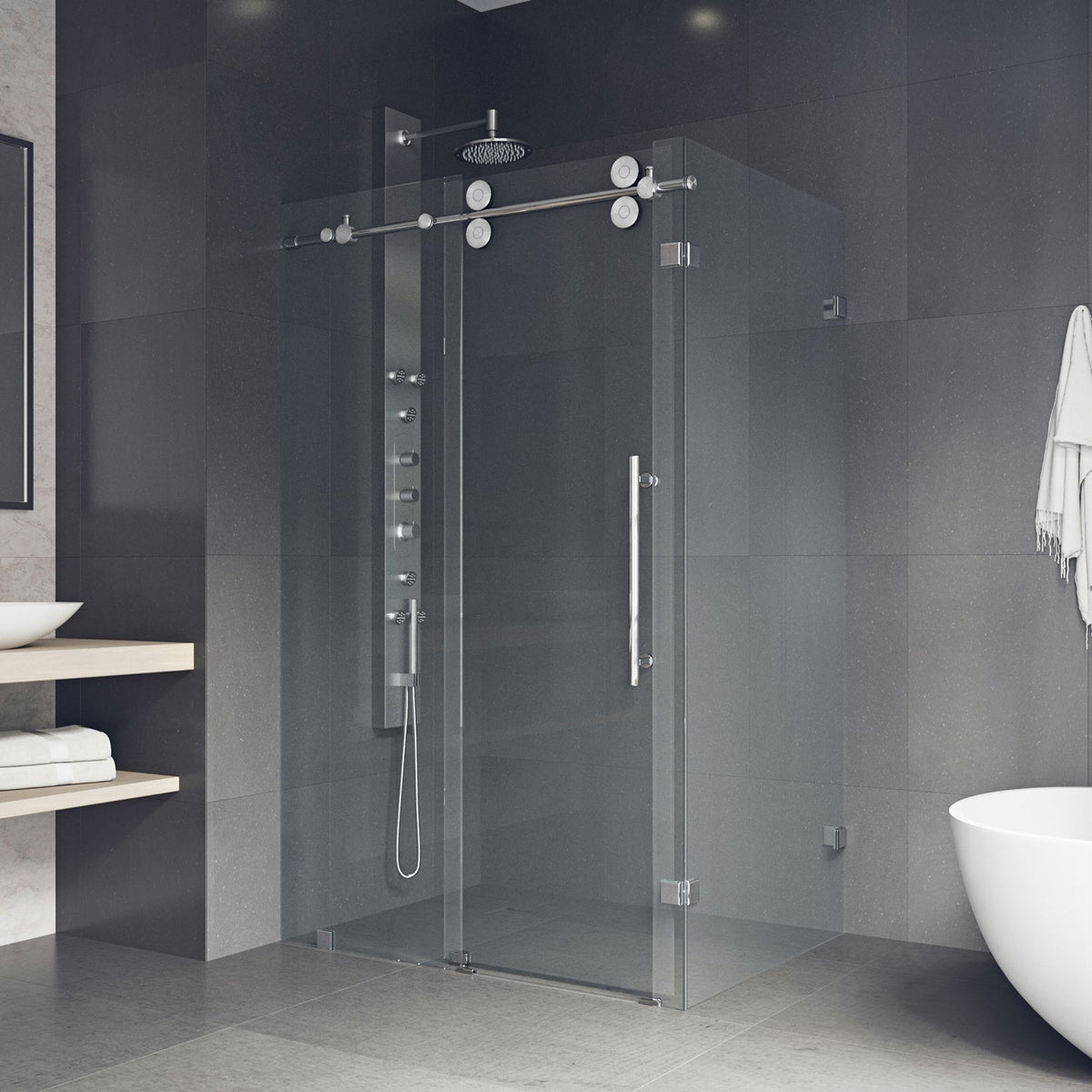 Standard installation frameless shower door with bar handle and clear glass