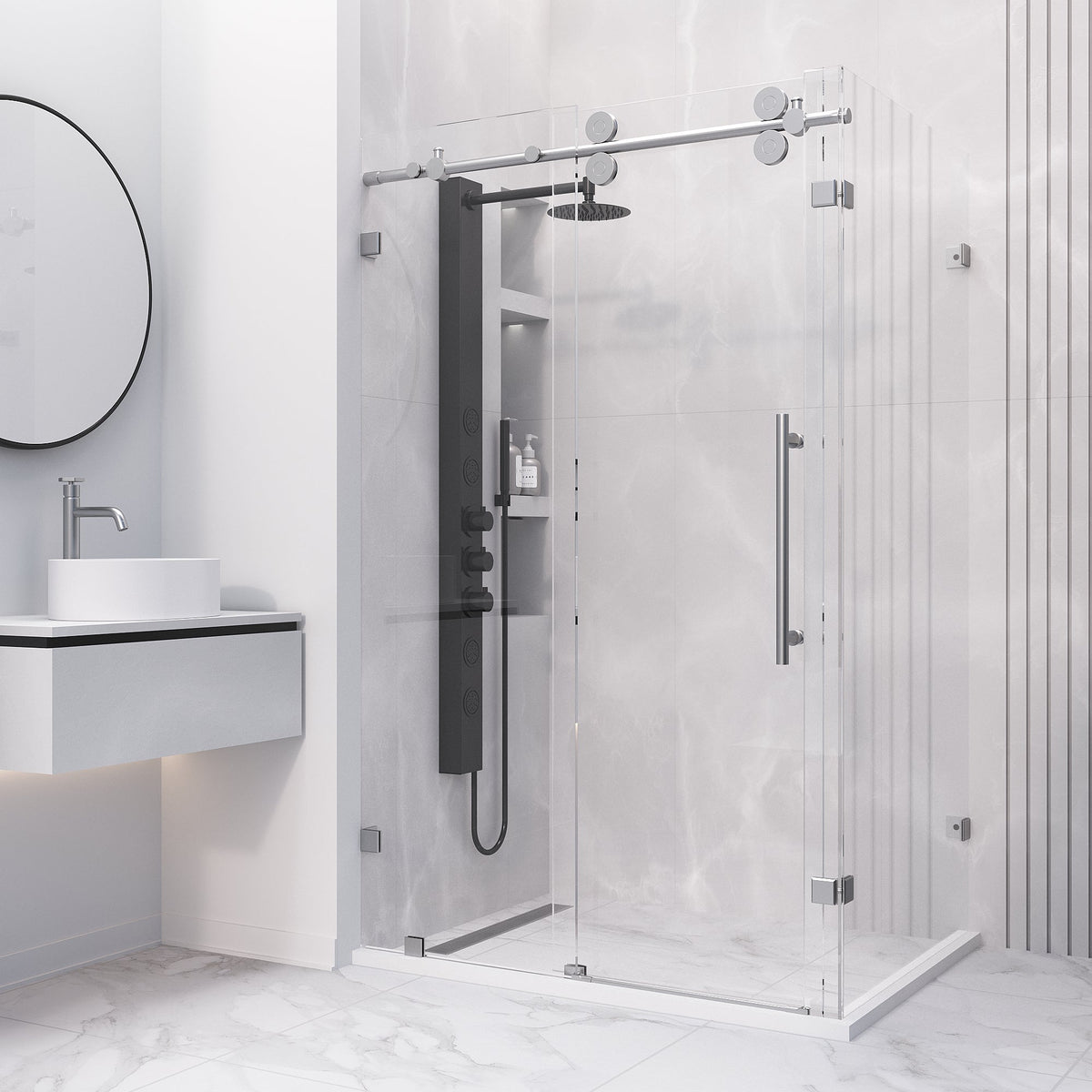 Chrome frameless sliding shower door with 60-inch width and tempered glass