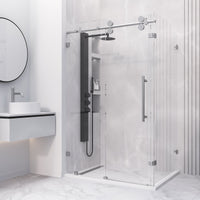 Chrome frameless sliding shower door with 60-inch width and tempered glass