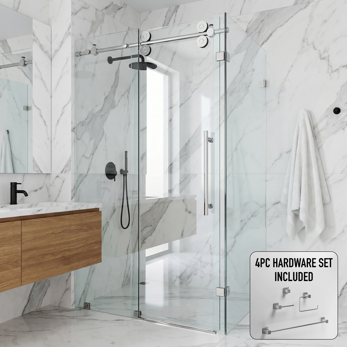 Winslow 34 in. L x 58 in. W x 74 in. H Frameless Sliding Rectangle Shower Enclosure and Meridian 4-Piece Bath Hardware Set in Chrome