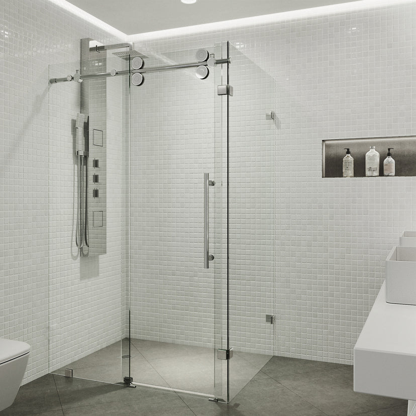 Winslow 34 in. L x 58 in. W x 74 in. H Frameless Sliding Rectangle Shower Enclosure and Meridian 4-Piece Bath Hardware Set in Chrome