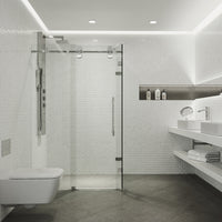 Winslow 34 in. L x 58 in. W x 74 in. H Frameless Sliding Rectangle Shower Enclosure and Meridian 4-Piece Bath Hardware Set in Chrome