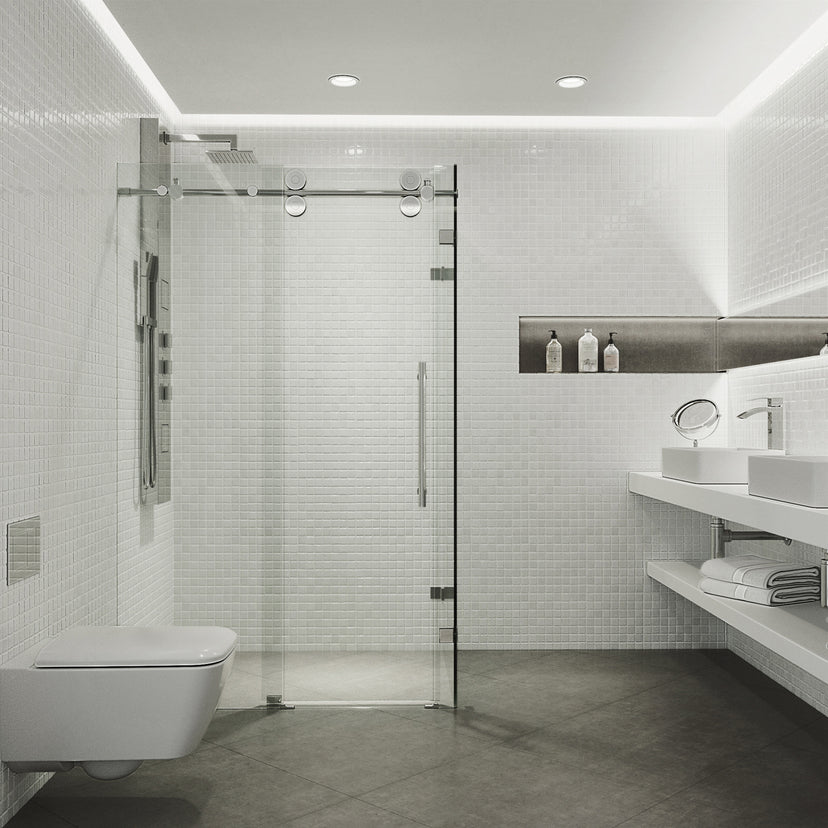 Winslow 34 in. L x 58 in. W x 74 in. H Frameless Sliding Rectangle Shower Enclosure and Meridian 4-Piece Bath Hardware Set in Chrome