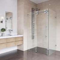 Winslow 34 in. L x 58 in. W x 74 in. H Frameless Sliding Rectangle Shower Enclosure and Meridian 4-Piece Bath Hardware Set in Chrome