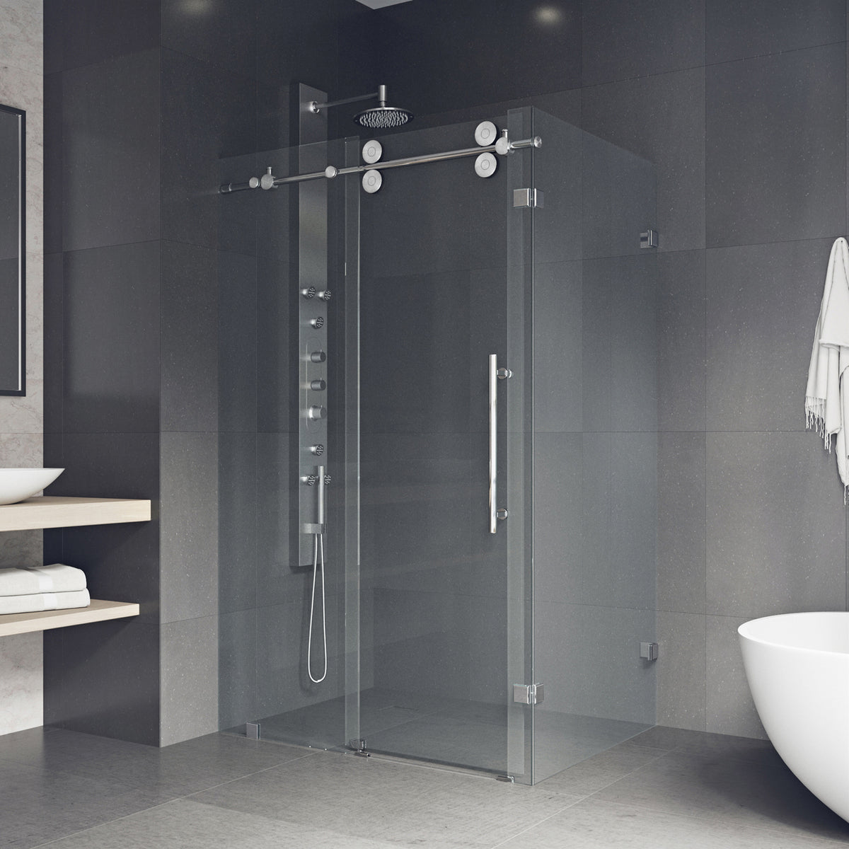 Winslow 34 in. L x 58 in. W x 74 in. H Frameless Sliding Rectangle Shower Enclosure and Meridian 4-Piece Bath Hardware Set in Chrome