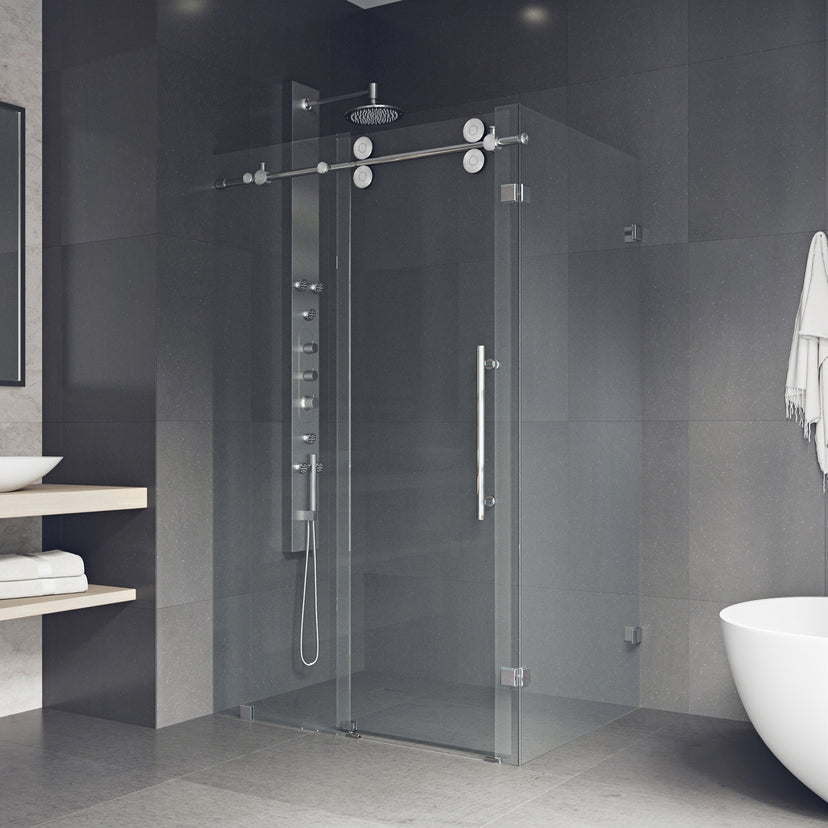 Winslow 34 in. L x 58 in. W x 74 in. H Frameless Sliding Rectangle Shower Enclosure and Meridian 4-Piece Bath Hardware Set in Chrome
