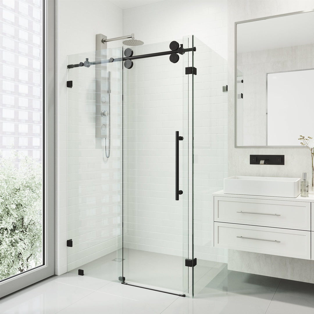 Modern shower enclosure with exposed rollers and cool touch exterior
