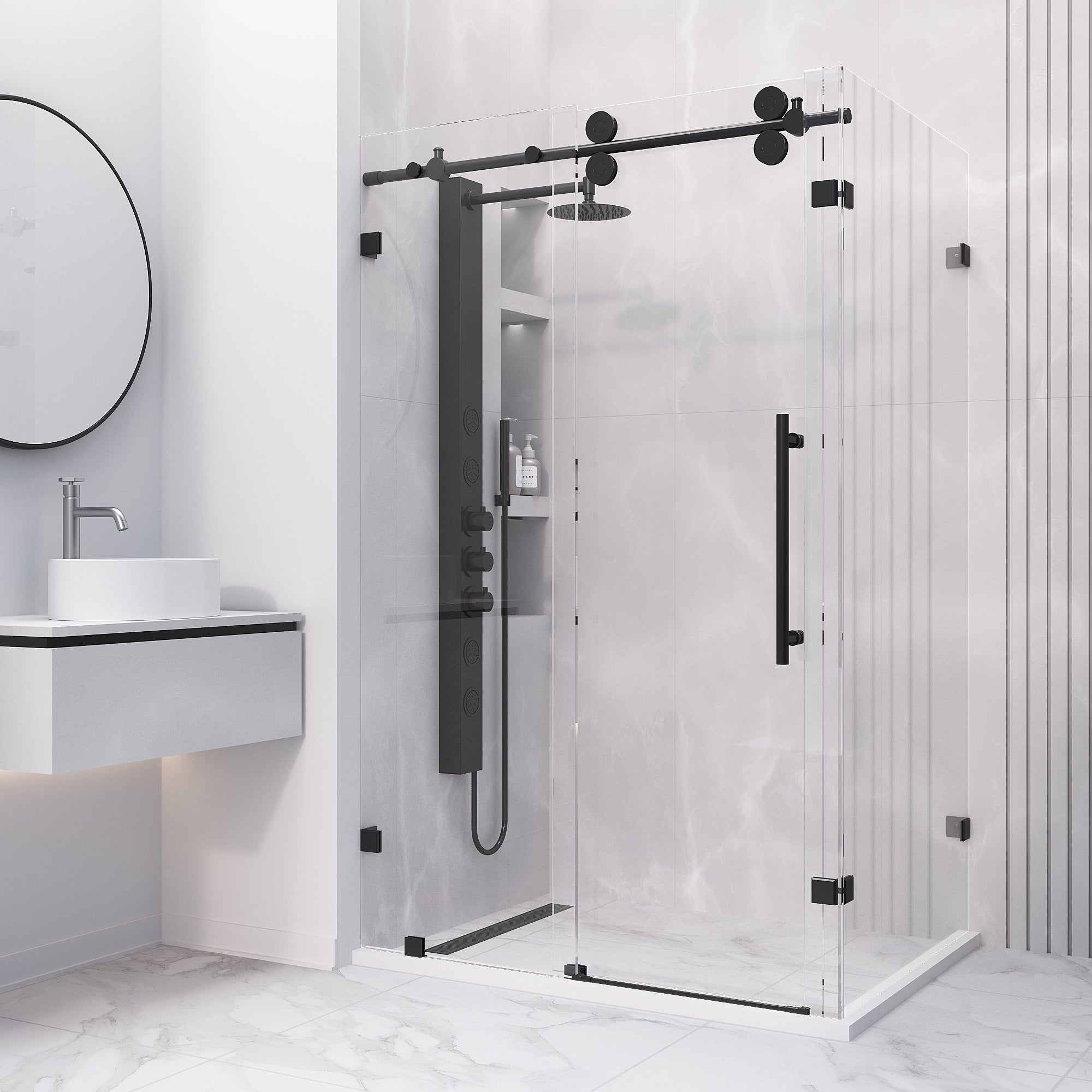 Matte black frameless sliding shower door with tempered clear glass