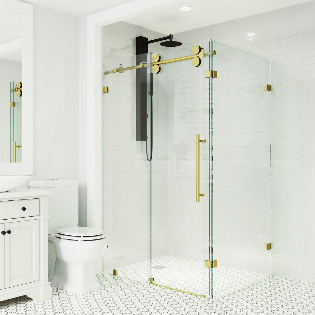 Modern shower enclosure with exposed rollers and cool touch exterior