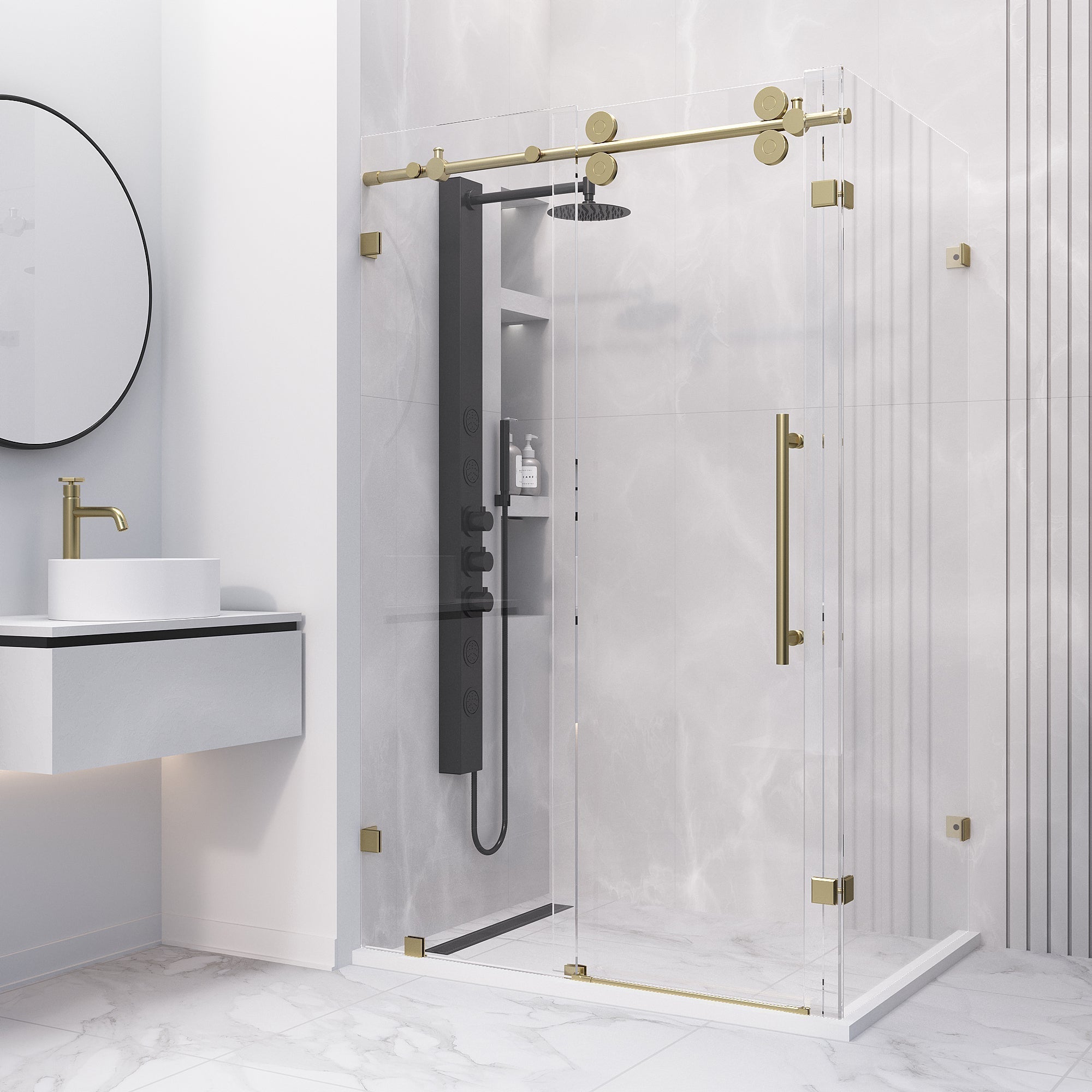 Matte brushed gold frameless sliding shower door with tempered clear glass