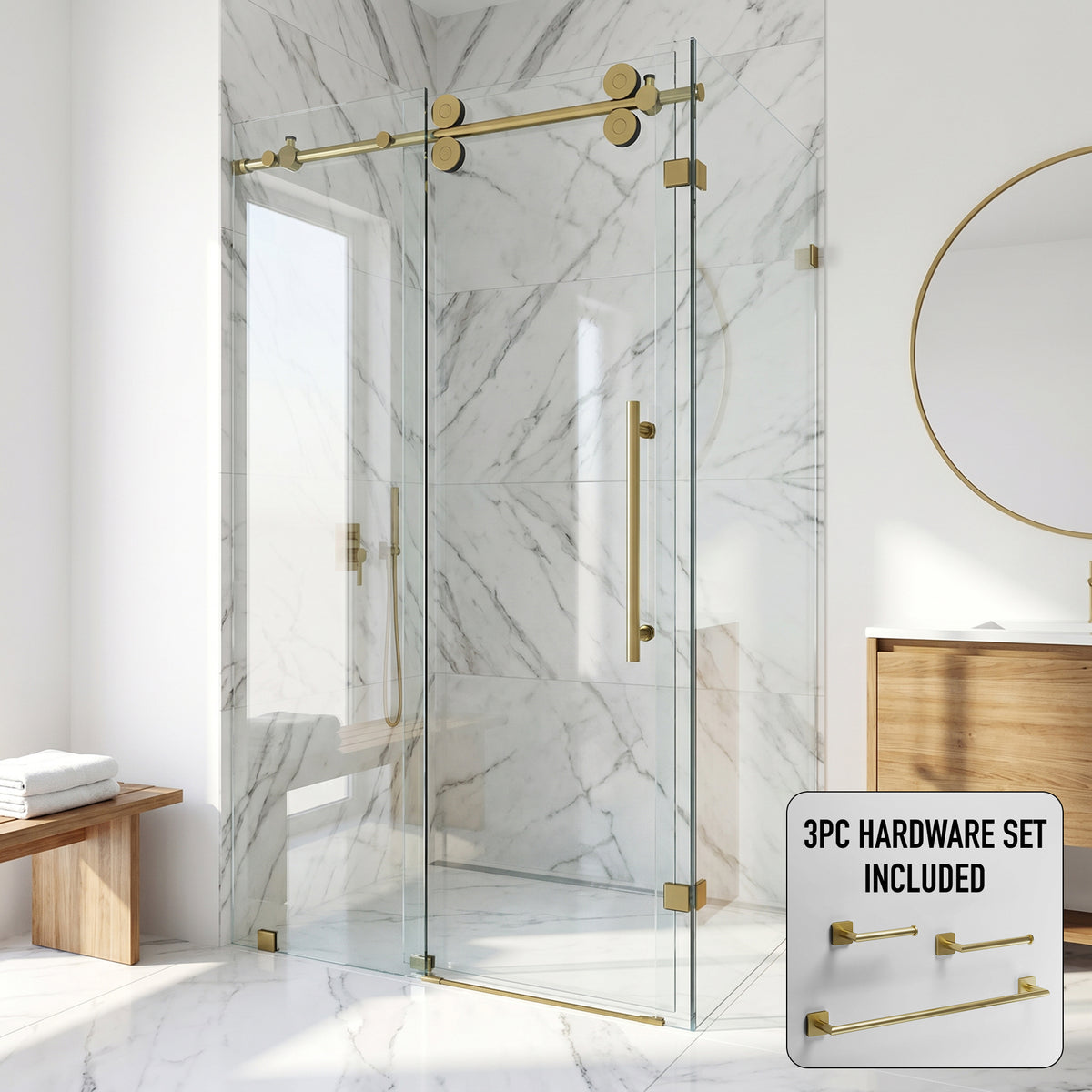 Winslow 34 in. L x 46 in. W x 74 in. H Frameless Sliding Rectangle Shower Enclosure and Satro 3-Piece Bath Hardware Set in Matte Brushed Gold