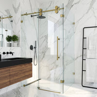 Winslow 34 in. L x 46 in. W x 74 in. H Frameless Sliding Rectangle Shower Enclosure and Satro 3-Piece Bath Hardware Set in Matte Brushed Gold