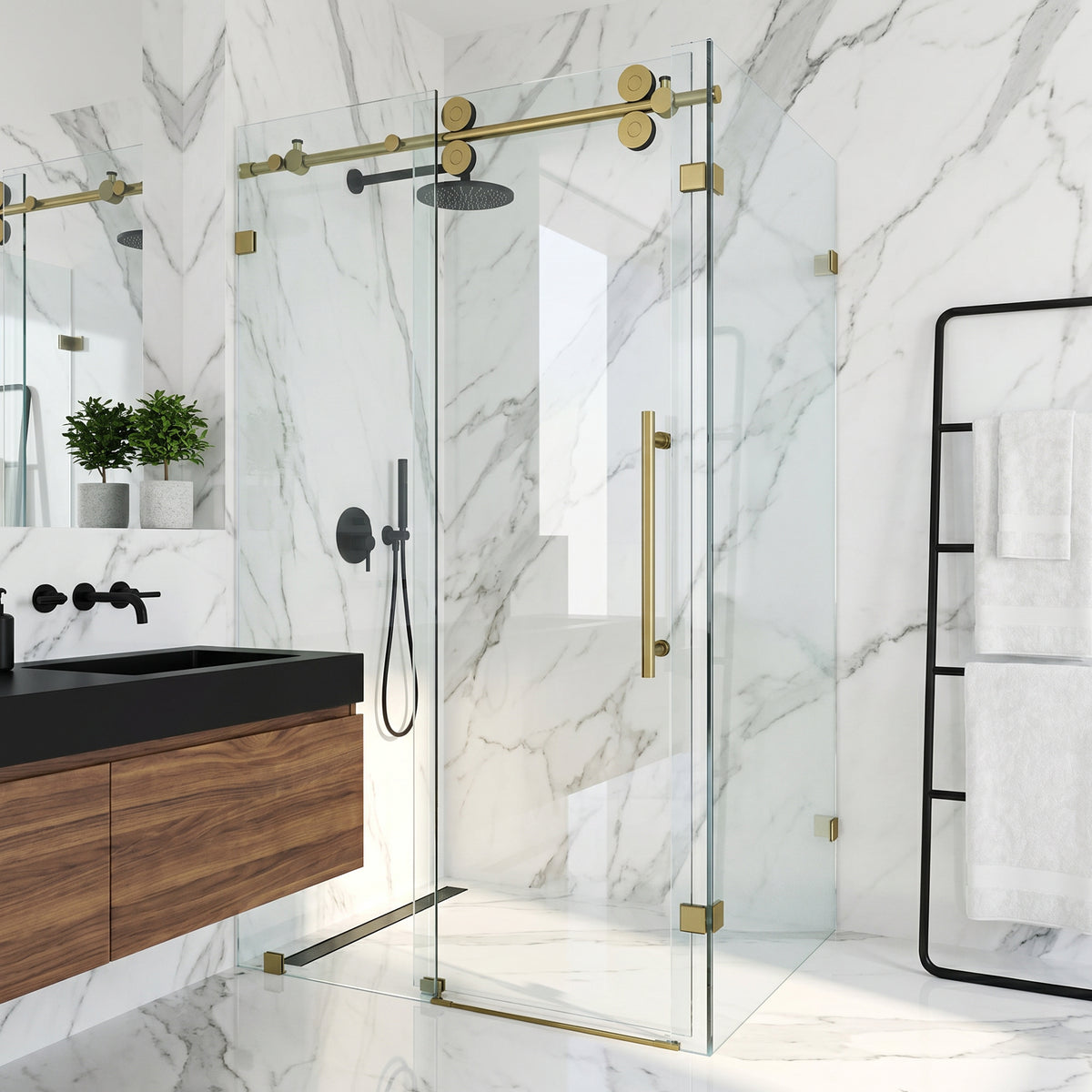 Winslow 34 in. L x 46 in. W x 74 in. H Frameless Sliding Rectangle Shower Enclosure and Satro 3-Piece Bath Hardware Set in Matte Brushed Gold