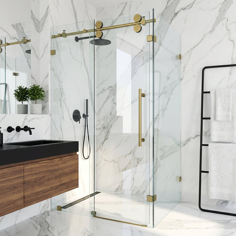 Winslow 34 in. L x 46 in. W x 74 in. H Frameless Sliding Rectangle Shower Enclosure and Satro 3-Piece Bath Hardware Set in Matte Brushed Gold