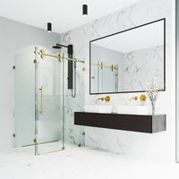 Winslow 34 in. L x 46 in. W x 74 in. H Frameless Sliding Rectangle Shower Enclosure and Satro 3-Piece Bath Hardware Set in Matte Brushed Gold
