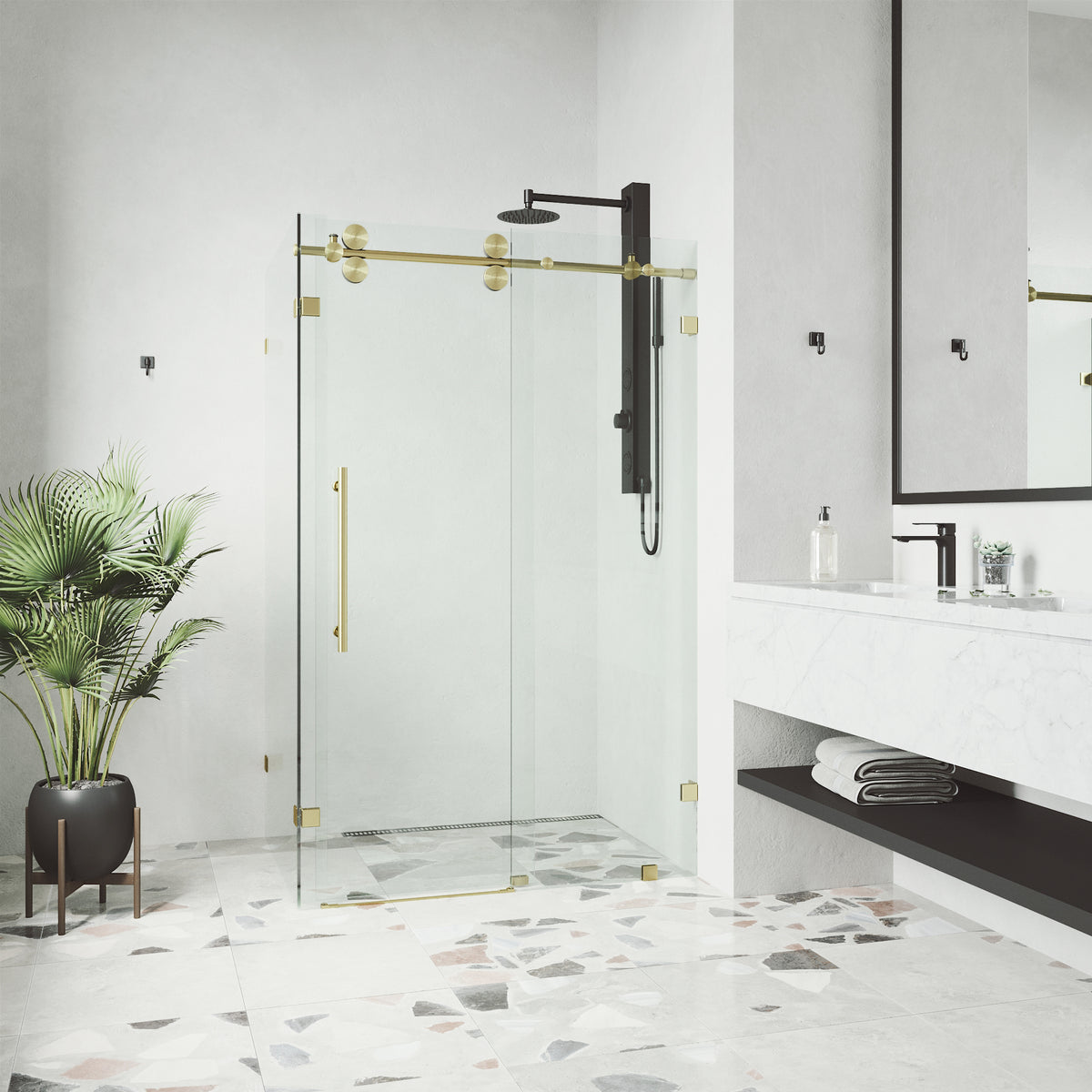 Winslow 34 in. L x 46 in. W x 74 in. H Frameless Sliding Rectangle Shower Enclosure and Satro 3-Piece Bath Hardware Set in Matte Brushed Gold