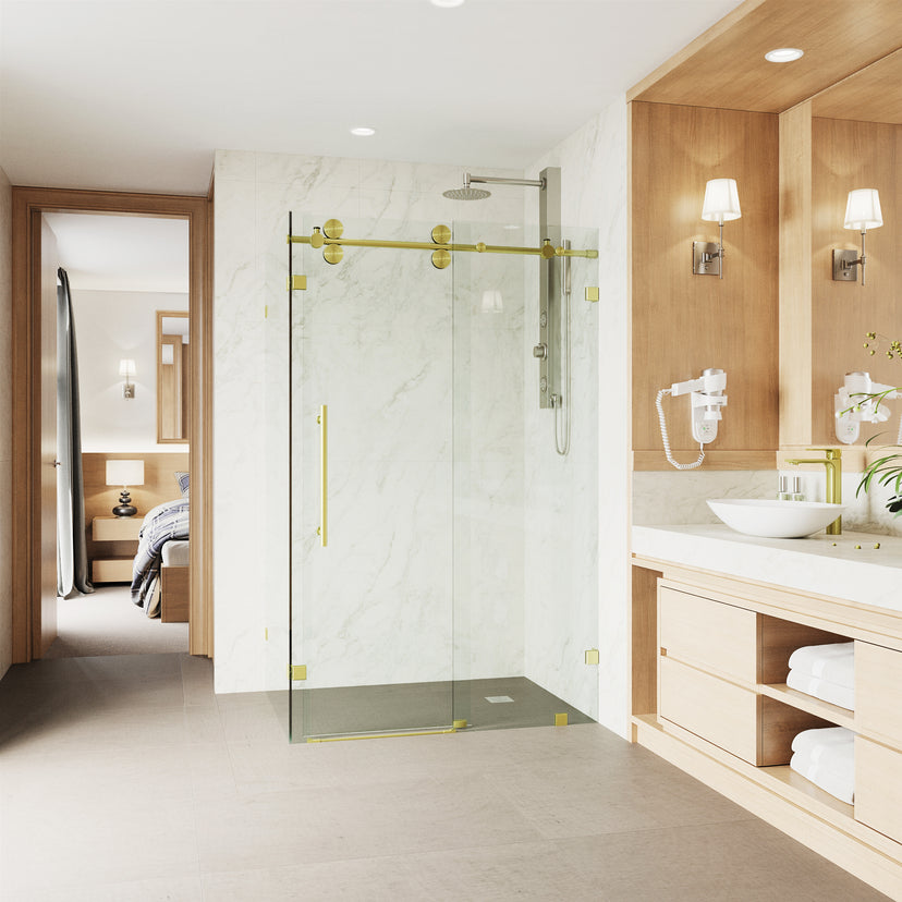Winslow 34 in. L x 46 in. W x 74 in. H Frameless Sliding Rectangle Shower Enclosure and Satro 3-Piece Bath Hardware Set in Matte Brushed Gold