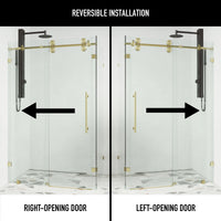 Winslow 34 in. L x 46 in. W x 74 in. H Frameless Sliding Rectangle Shower Enclosure and Satro 3-Piece Bath Hardware Set in Matte Brushed Gold
