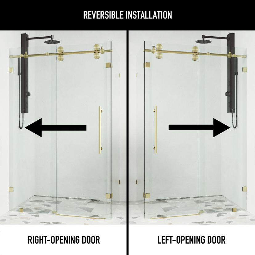 Winslow 34 in. L x 46 in. W x 74 in. H Frameless Sliding Rectangle Shower Enclosure and Satro 3-Piece Bath Hardware Set in Matte Brushed Gold