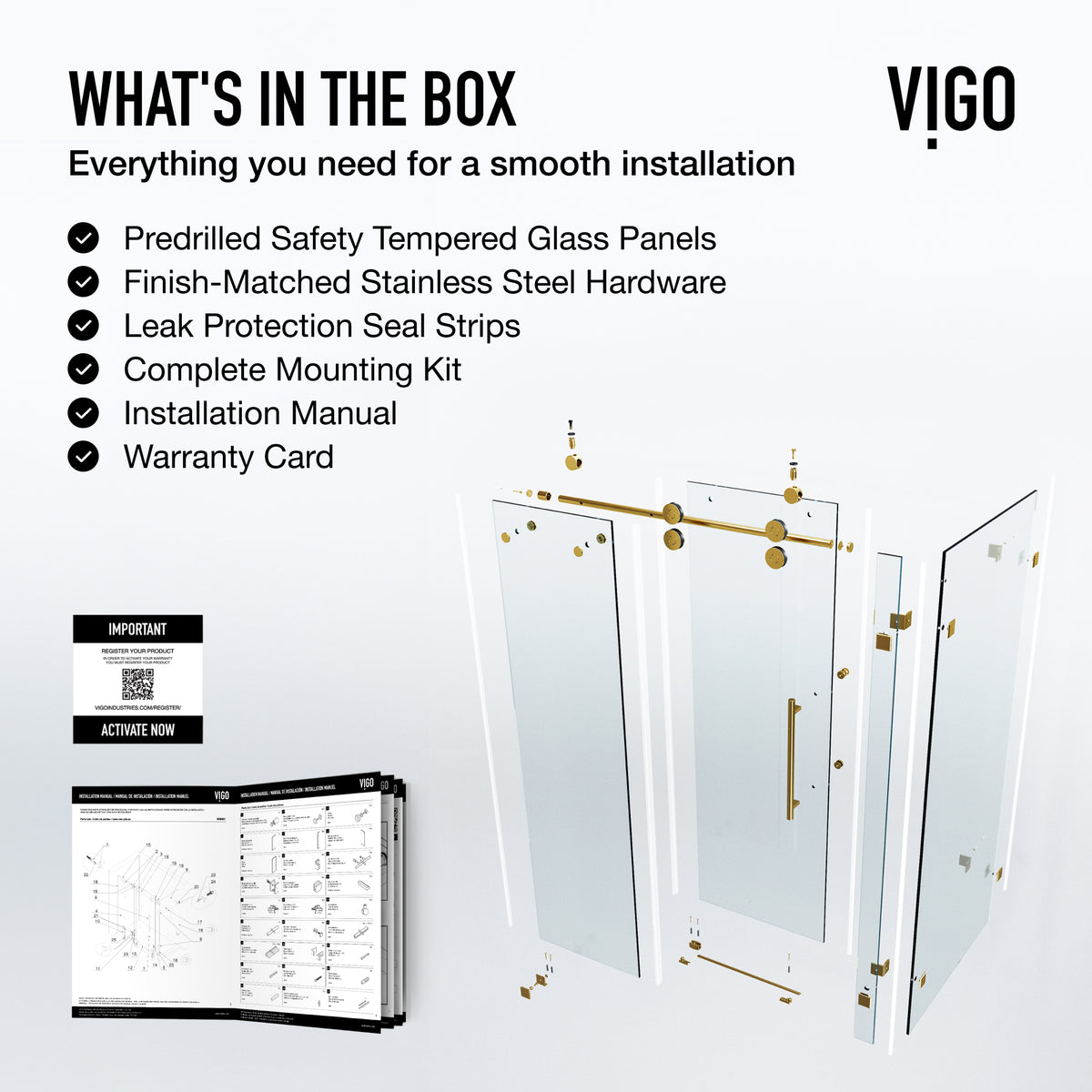 Winslow 34 in. L x 46 in. W x 74 in. H Frameless Sliding Rectangle Shower Enclosure and Satro 3-Piece Bath Hardware Set in Matte Brushed Gold