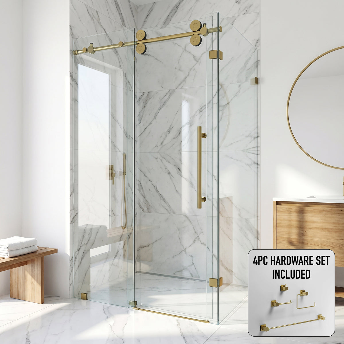 Winslow 34 in. L x 46 in. W x 74 in. H Frameless Sliding Rectangle Shower Enclosure and Meridian 4-Piece Bath Hardware Set in Matte Brushed Gold