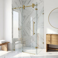 Winslow 34 in. L x 46 in. W x 74 in. H Frameless Sliding Rectangle Shower Enclosure and Meridian 4-Piece Bath Hardware Set in Matte Brushed Gold