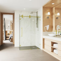 Winslow 34 in. L x 46 in. W x 74 in. H Frameless Sliding Rectangle Shower Enclosure and Meridian 4-Piece Bath Hardware Set in Matte Brushed Gold