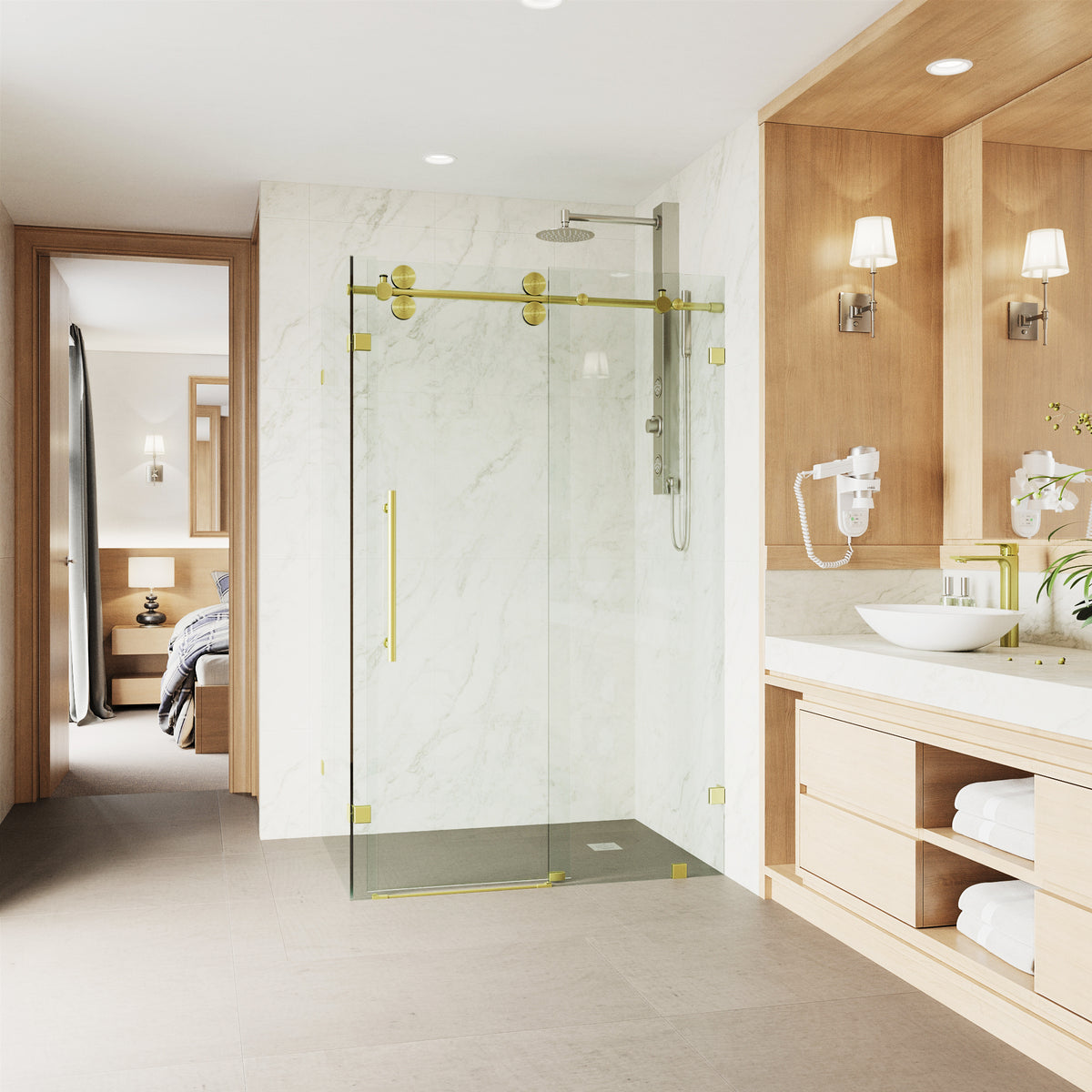 Winslow 34 in. L x 46 in. W x 74 in. H Frameless Sliding Rectangle Shower Enclosure and Meridian 4-Piece Bath Hardware Set in Matte Brushed Gold