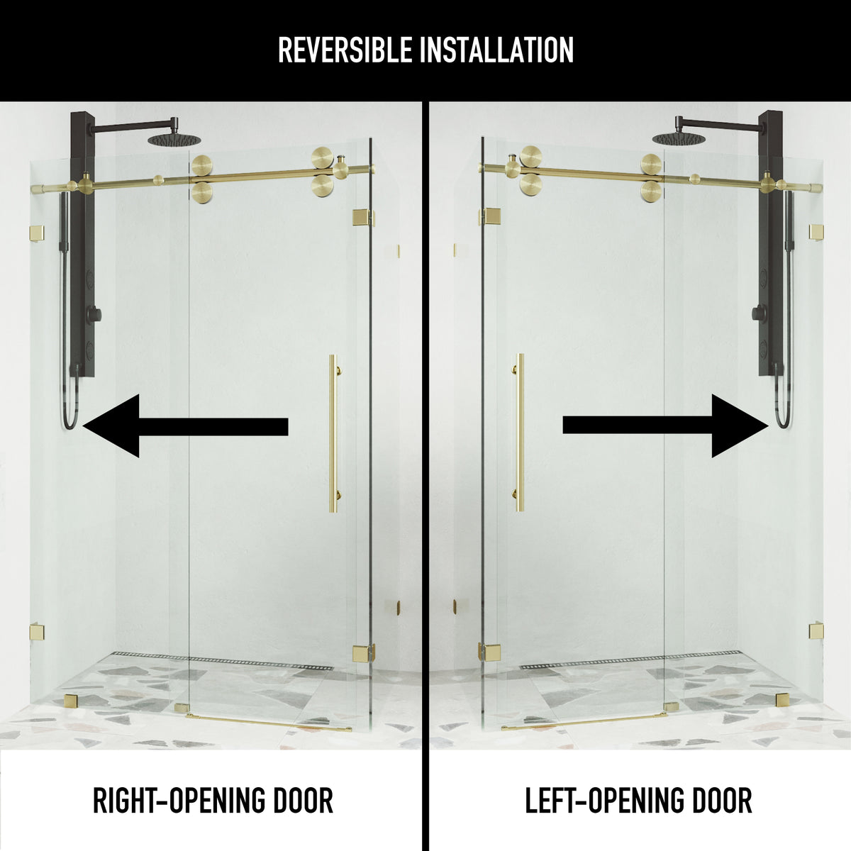 Winslow 34 in. L x 46 in. W x 74 in. H Frameless Sliding Rectangle Shower Enclosure and Meridian 4-Piece Bath Hardware Set in Matte Brushed Gold