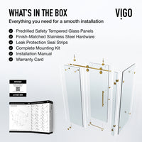 Winslow 34 in. L x 46 in. W x 74 in. H Frameless Sliding Rectangle Shower Enclosure and Meridian 4-Piece Bath Hardware Set in Matte Brushed Gold