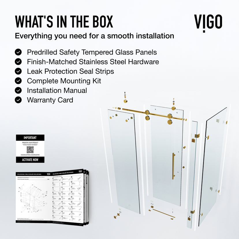 Winslow 34 in. L x 46 in. W x 74 in. H Frameless Sliding Rectangle Shower Enclosure and Meridian 4-Piece Bath Hardware Set in Matte Brushed Gold