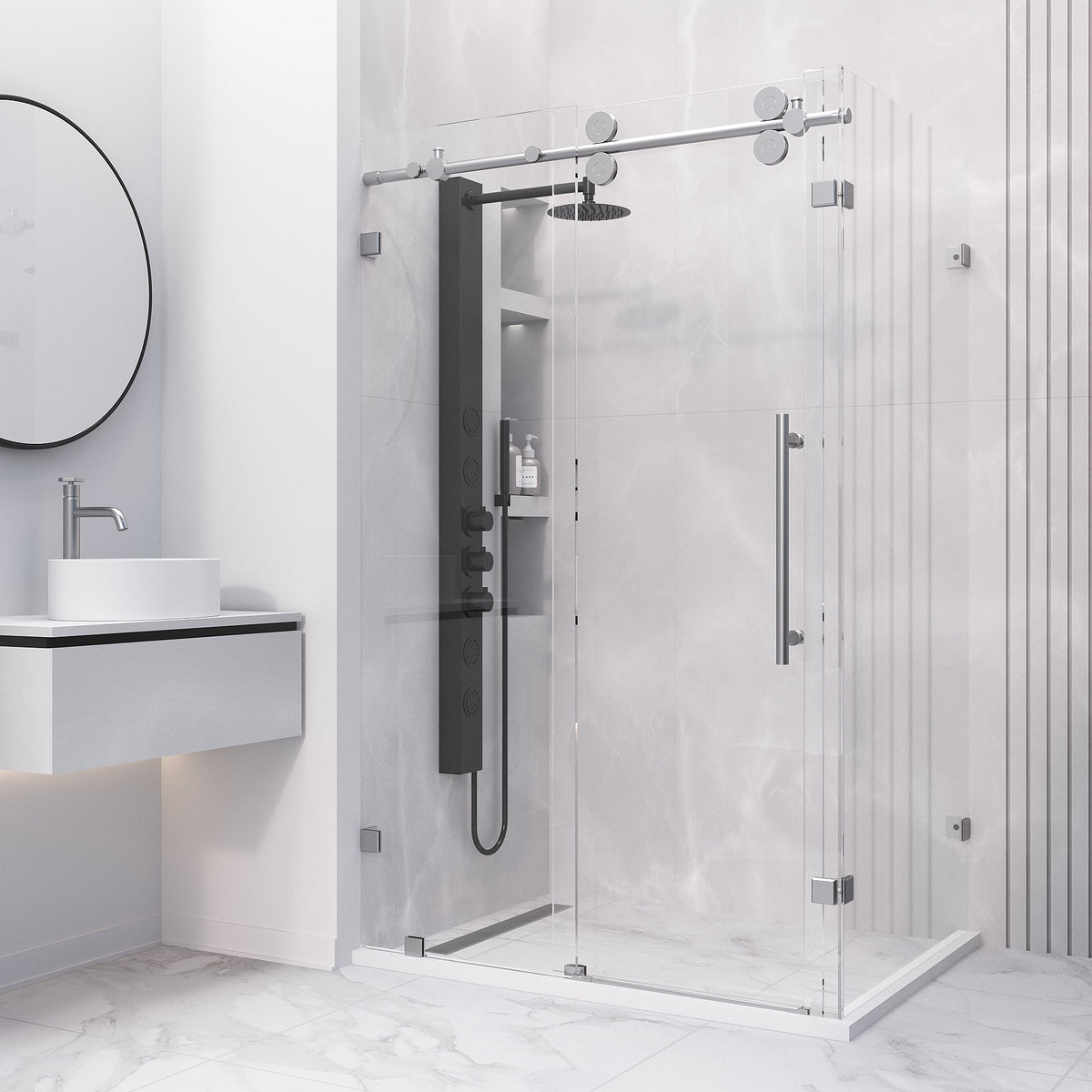 Stainless steel frameless sliding shower door with tempered clear glass