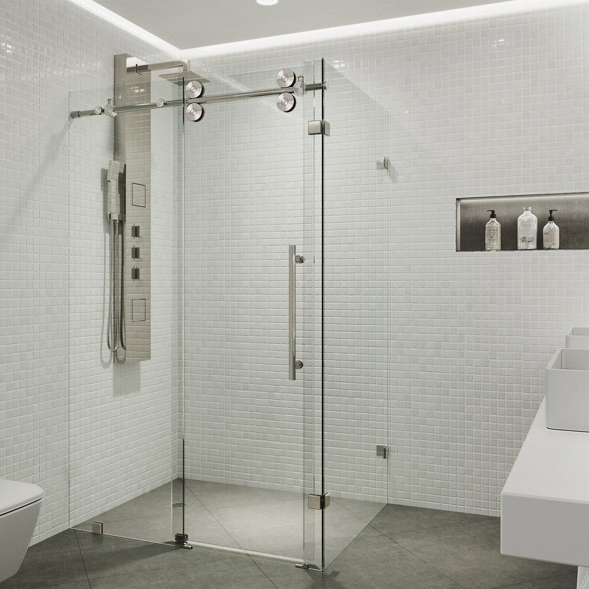Modern shower enclosure with exposed rollers and cool touch exterior