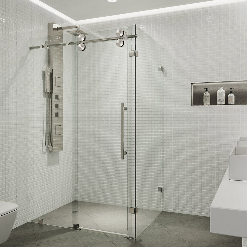 Modern shower enclosure with exposed rollers and cool touch exterior