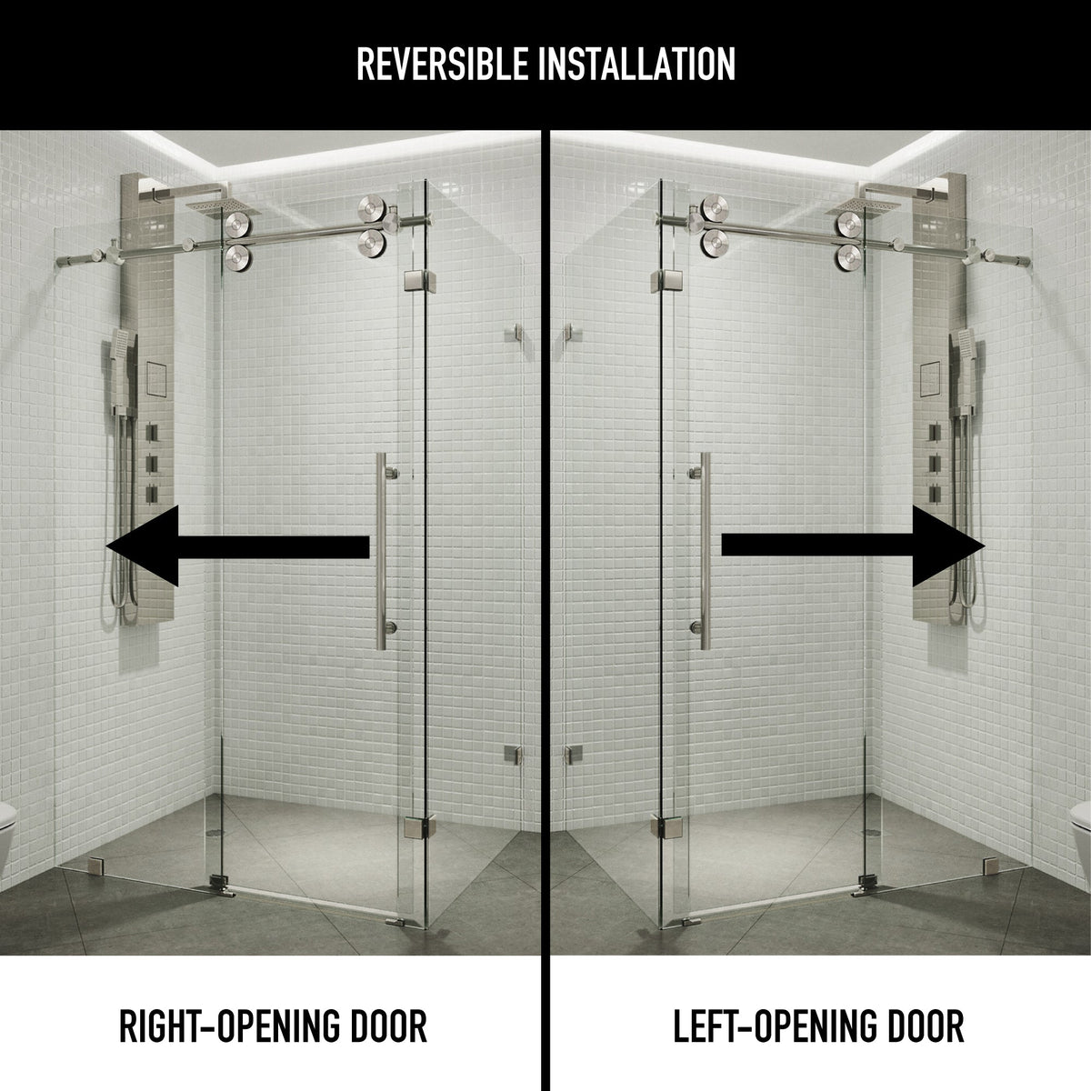 Stainless steel finish frameless shower door with left or right handle position