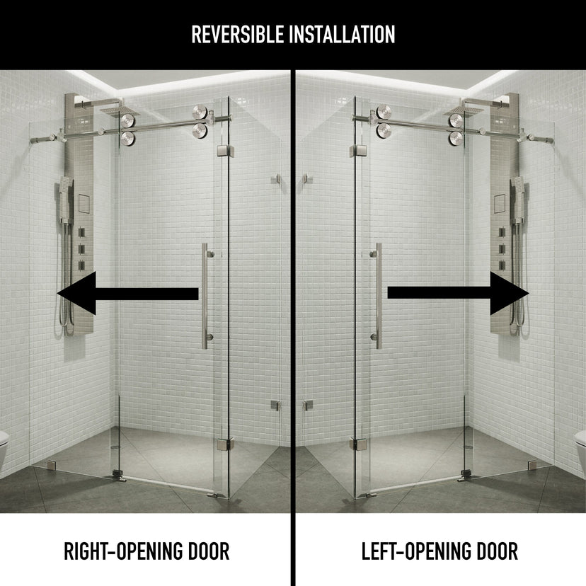 Stainless steel finish frameless shower door with left or right handle position