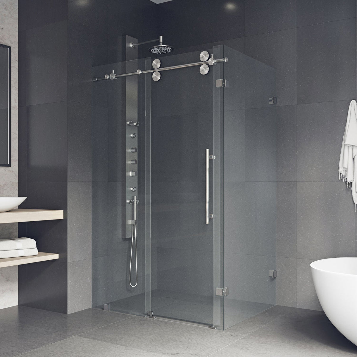 Standard installation frameless shower door with bar handle and clear glass