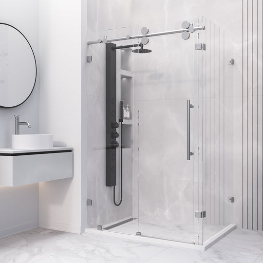 Stainless steel frameless sliding shower door with 60-inch width and tempered glass