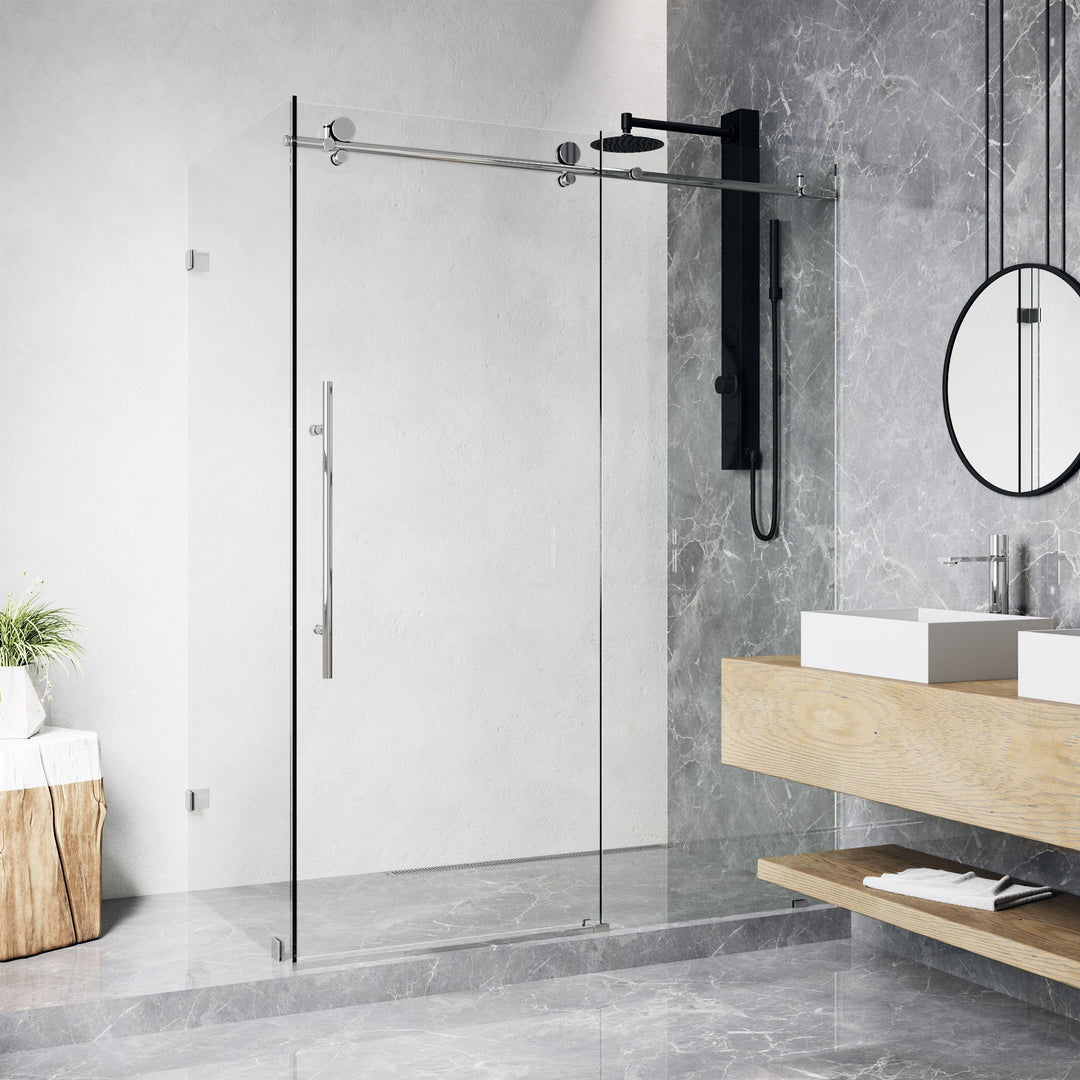 Chrome frameless sliding shower door with clear tempered glass and bar handle